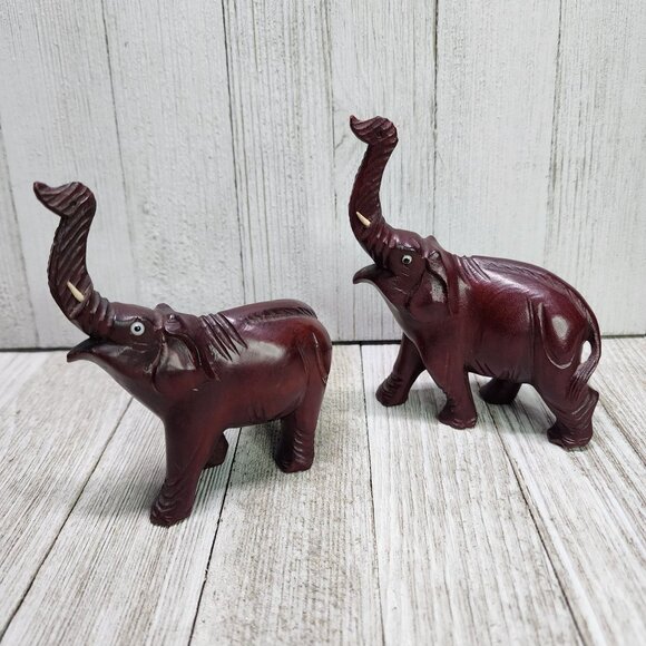 VTG Trunk Up Elephant Rosewood Salute Sculpture Statue Figurine Home Decor Pair - Picture 1 of 6